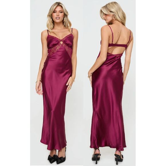 Princess Polly Dresses & Skirts - NWT Princess Polly Birchwood Silk Sheer Lace Cutout Maxi Dress Wine Women's Sz 0